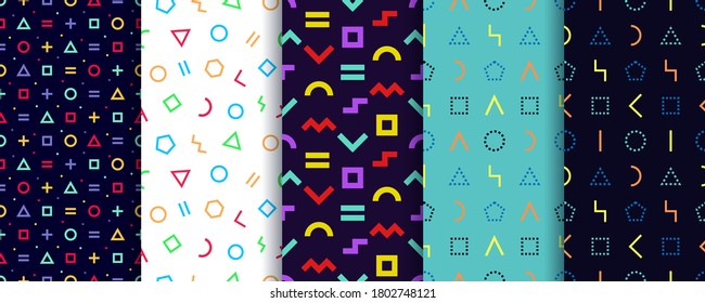 Set of five memphis seamless patterns. Geometric shapes textures. Vector. Wrapping paper design. Colorful geometric background. Minimal abstract cover. Pattern templates in swatches panel