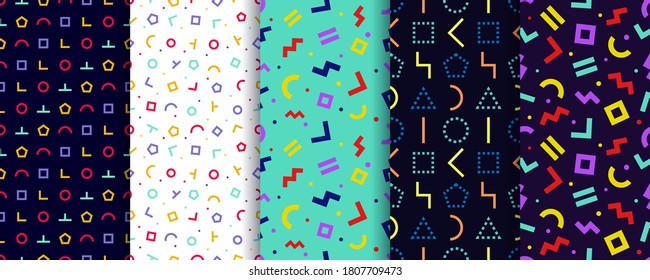 Set of five memphis seamless patterns. Geometric background. Vector. Wrapping paper design. Minimal abstract cover. Pattern templates in swatches panel