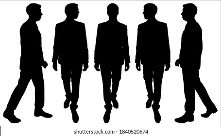 Set of five men walking in different poses. Vector illustration of male silhouettes in motion. Man in a business suit takes a step. View in full view, profile. Black silhouette on a white background.