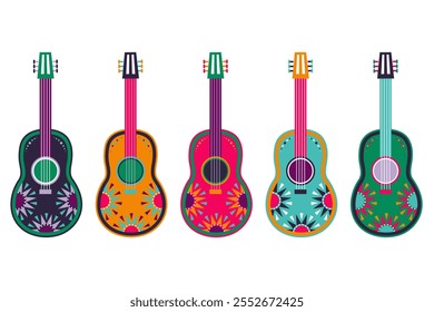 Conjunto de cinco guitarras mexicanas con adornos. Ilustración vectorial de instrumento musical, icono.