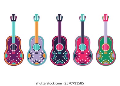 Set of five Mexican guitars with ornaments. Vector illustration of musical instrument, icon.