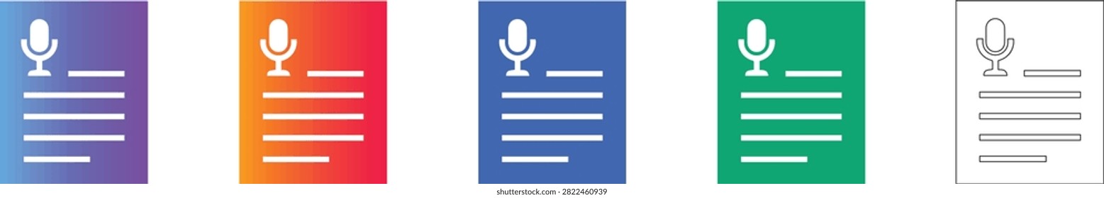 A set of five microphone on document icons, showcasing gradient styles and a line art version. Perfect for representing podcasts, voiceovers, broadcasting, or audio content production.