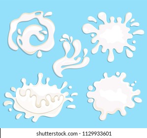 Set of five milk, yogurt and cream splashes, drops and blots. Perfect elements for print, template, design. Vector illustration.