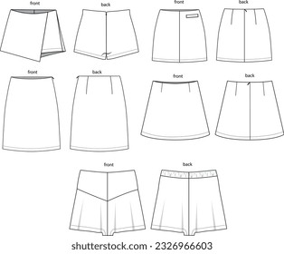 set of five mini skirts vector illustration, women's skirts flat templates, front and back views