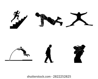 A set of five minimalist black and white silhouette icons depicting various human activities and sports. The icons include a person running up stairs, doing a plank exercise, stretching, high jumping, and walking with a briefcase, as well as carrying a sports ball. Perfect for use in fitness, sports, lifestyle, and activity-related projects. Clean and versatile design suitable for various backgrounds and themes.