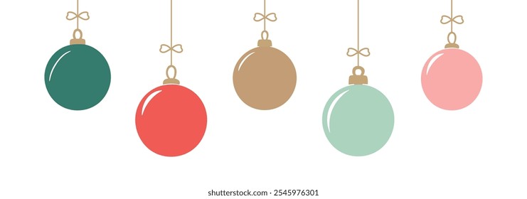 Set of five minimalist Christmas ornaments in various colors - green, red, gold, mint, and pink hanging with small bow ties isolated on white background. Holiday decoration, festive Christmas Balls