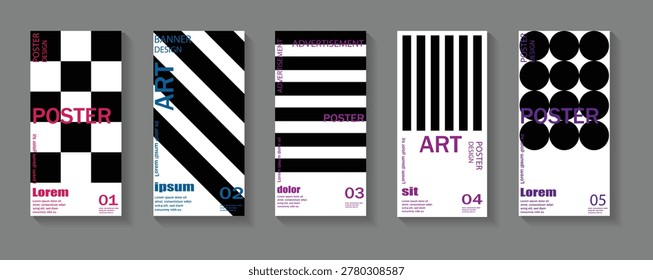 A set of five minimalist graphic design posters featuring bold geometric patterns and clean typography. Vector patterns are perfect for posters, labels, backgrounds with excellent text legibility.