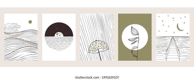 A set of five minimalist line art images. Modern Japanese style linear posters with waves, moon, circles, plants, sea, rain, umbrella, bridge. Neutral backgrounds for interiors, social networks.