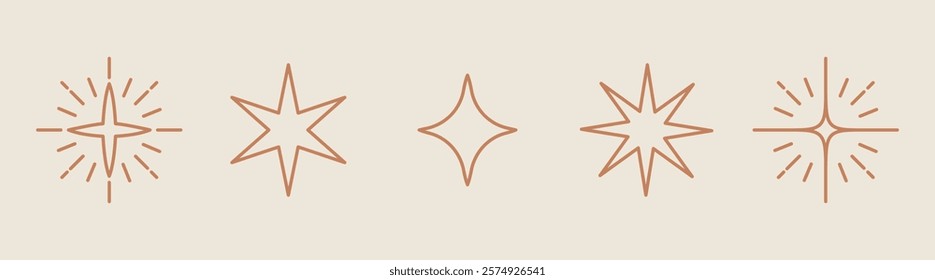Set of five minimalist star icons in brown on a beige background. Star icons vary in design, featuring unique star shapes. Perfect for star-themed designs. Doodle illustrations, vector set.