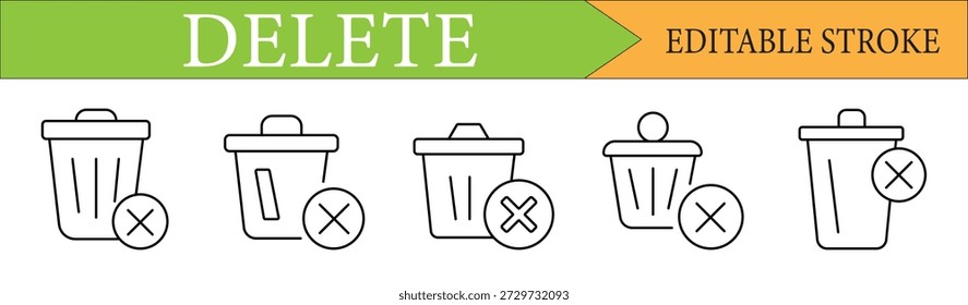 Un conjunto de cinco cubos de basura minimalistas e íconos de línea de Borrar para interfaces de Web y App. Cuenta con trazos editables para una fácil personalización.
