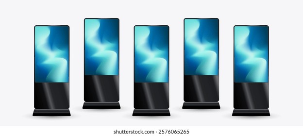 Set of five mock up modern LED TV Screen with gradient blue screen. and Five Vertical Led Displays for technology LED Screen Mockup in 3Ds. editable LED vector, illustration