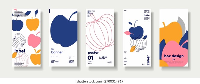 A set of five modern and colorful abstract posters featuring apple motifs . Minimalist typography and geometric elements