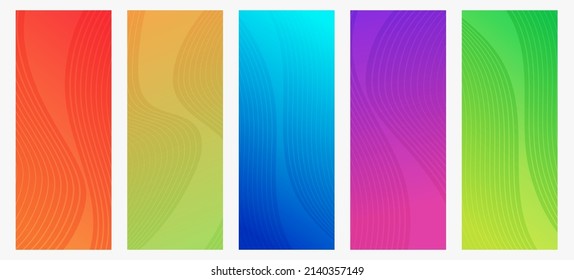 Conjunto de cinco modernos fondos de gradiente colorido con líneas onduladas. Fondo de presentación abstracta geométrica brillante. Ilustración del vector