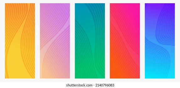 Set of five modern colorful gradient backgrounds with wave lines. Bright geometric abstract presentation backdrops. Vector illustration