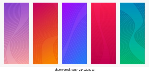 Set of five modern colorful gradient backgrounds with wave lines. Bright geometric abstract presentation backdrops. Vector illustration