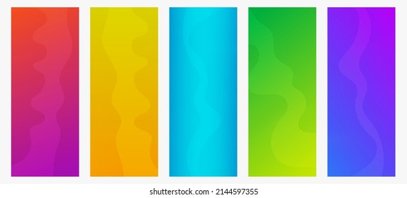 Conjunto de cinco modernos fondos de gradiente colorido con líneas onduladas. Fondo de presentación abstracta geométrica brillante. Ilustración del vector