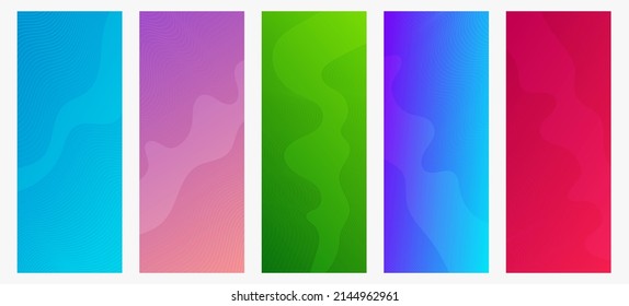 Set of five modern colorful gradient backgrounds with wave lines. Bright geometric abstract presentation backdrops. Vector illustration