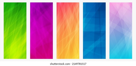 Set of five modern colorful gradient backgrounds with lines. Bright geometric abstract presentation backdrops. Vector illustration