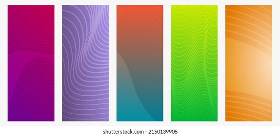 Set of five modern colorful gradient backgrounds with wave lines. Bright geometric abstract presentation backdrops. Vector illustration