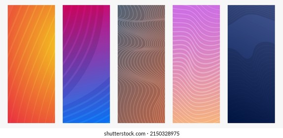 Set of five modern colorful gradient backgrounds with wave lines. Bright geometric abstract presentation backdrops. Vector illustration