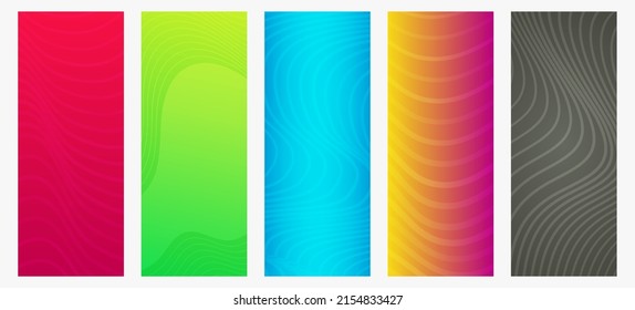 Set of five modern colorful gradient backgrounds with wave lines. Bright geometric abstract presentation backdrops. Vector illustration