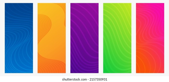 Set of five modern colorful gradient backgrounds with wave lines. Bright geometric abstract presentation backdrops. Vector illustration