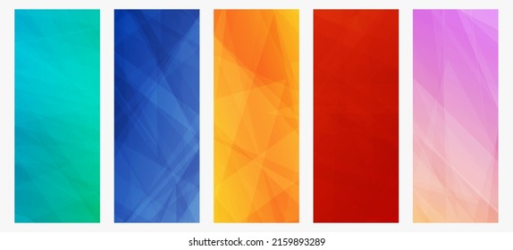 Set of five modern colorful gradient backgrounds with lines. Bright geometric abstract presentation backdrops. Vector illustration