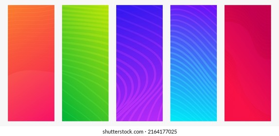 Conjunto de cinco modernos fondos de gradiente colorido con líneas onduladas. Fondo de presentación abstracta geométrica brillante. Ilustración del vector