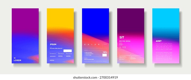 A set of five modern, colorful gradient posters with abstract designs and text elements. Minimalist typography and geometric elements