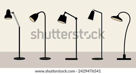 Set of five modern floor lamps with different shapes. Contemporary fashion, home and office lamp design, indoor object flat vector illustration.