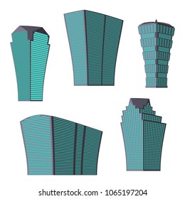 Set of five modern high-rise building on a white background. View of the building from the bottom. Isometric vector illustration.
