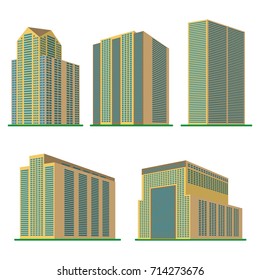 Set of five modern high-rise building on a white background. View of the building from the bottom. Isometric vector illustration.
