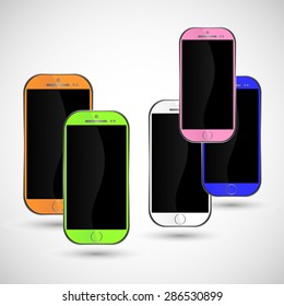 Set of five modern realistic colorful smartphones with black touch screen on a gray background, blue, green, orange, white, pink color, empty screen, web design, vector, eps 10