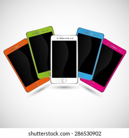Set of five modern realistic colorful smartphones with black touch screen on a gray background, blue, green, orange, white, pink color, empty screen, web design, vector, eps 10