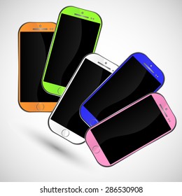 Set of five modern realistic colorful smartphones with black touch screen on a gray background, blue, green, orange, white, pink color, empty screen, web design, vector, eps 10
