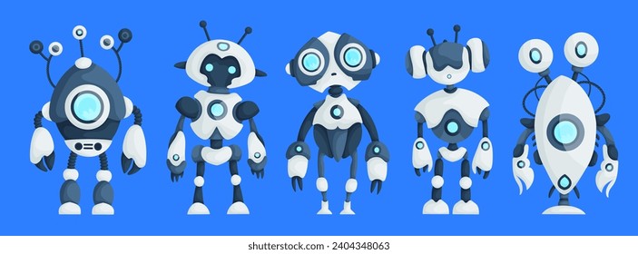 Set of Five Modern Robots Isolated on Blue Background Cute Character Cartoon Artificial Intelligence Concept Flat Vector illustration