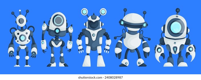 Set of Five Modern Robots Isolated on Blue Background Cute Character Cartoon Artificial Intelligence Concept Flat Vector Illustration