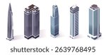 Set of five modern skyscraper buildings in isometric graphic style on white background. Concept of urban development. Vector illustration