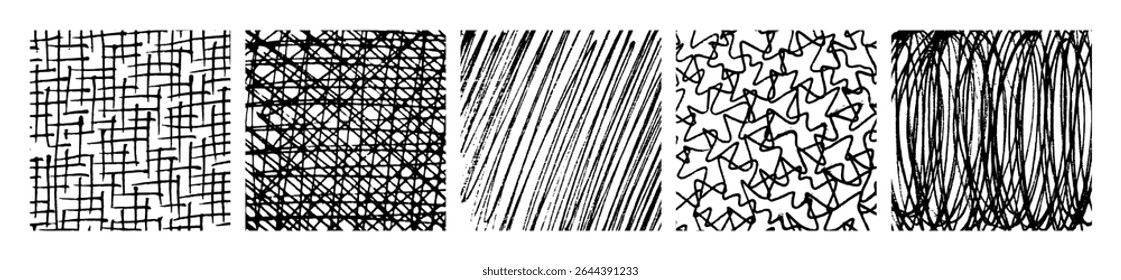 Conjunto de cinco texturas de rayado monocromáticas dibujadas a mano. Fondos de grunge y bocetos con líneas a mano alzada, garabatos, manchas y patrones de estilo de bocetos. Ilustración vectorial