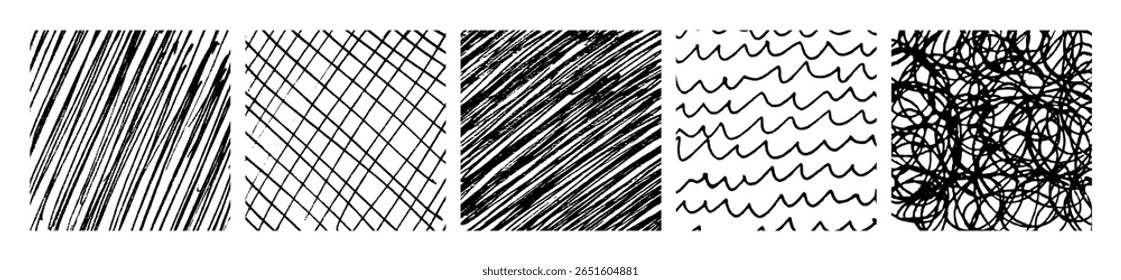 Satz von fünf monochromen handgezeichneten Schraffurtexturen. Grunge- und Skizzenhintergründe mit Freihandlinien, Kritzeln, Abstrichen und skizzenartigen Mustern. Vektorgrafik