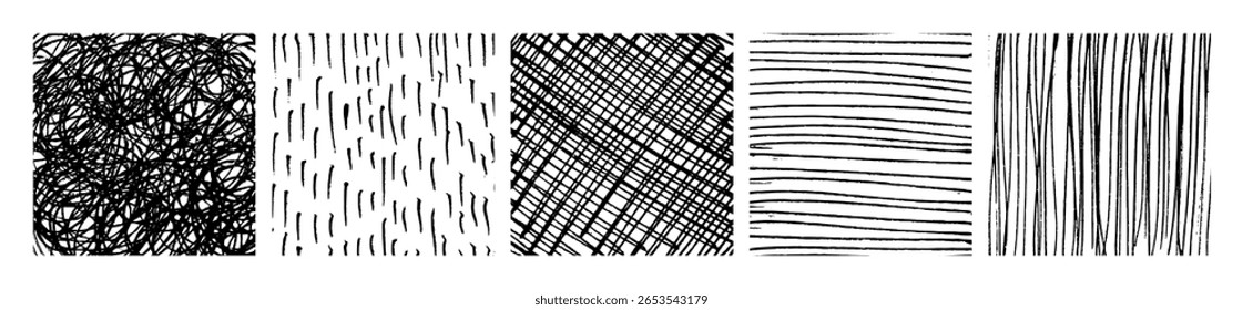 Set of five monochrome hand-drawn crosshatch textures. Grunge and sketch backgrounds with freehand lines, scribbles, smears, and sketch-style patterns. Vector illustration