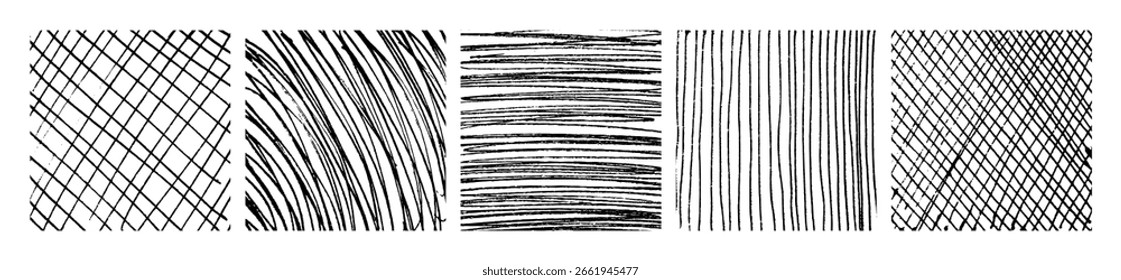 Set of five monochrome hand-drawn crosshatch textures. Grunge and sketch backgrounds with freehand lines, scribbles, smears, and sketch-style patterns. Vector illustration