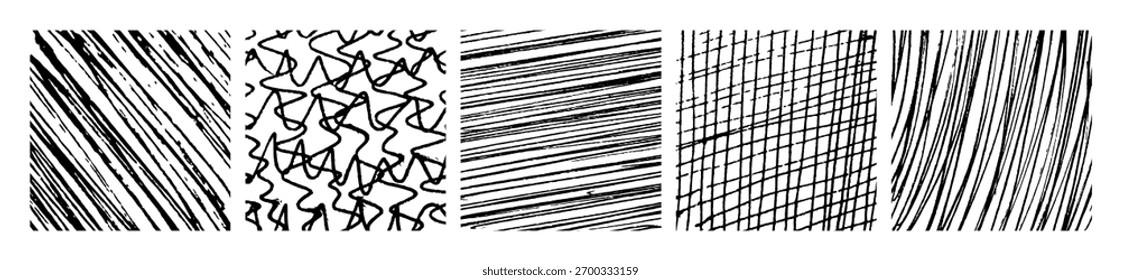 Conjunto de cinco texturas de rayado monocromáticas dibujadas a mano. Fondos de grunge y bocetos con líneas a mano alzada, garabatos, manchas y patrones de estilo de bocetos. Ilustración vectorial