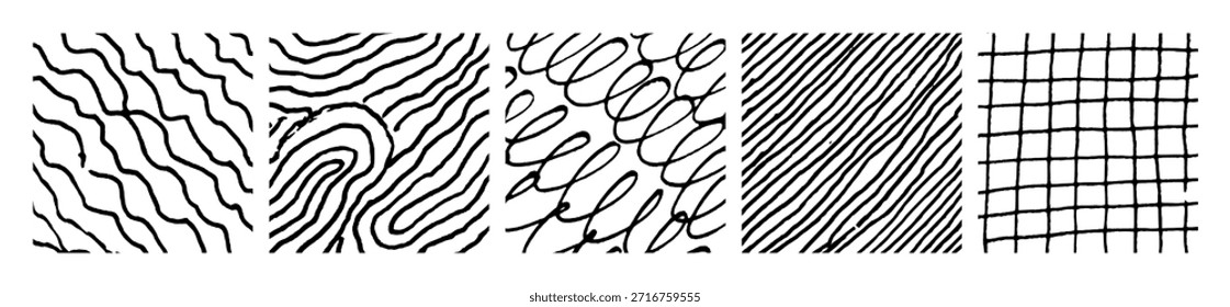Set of five monochrome hand-drawn crosshatch textures. Grunge and sketch backgrounds with freehand lines, scribbles, smears, and sketch-style patterns. Vector illustration