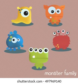 Set with five monsters. Print for Halloween. Vector set of cartoon cute aliens. Custom shapes, bodies on color background