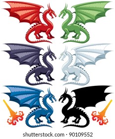 Set of the five most popular kinds of dragons: red, green, blue, black and white. Stylized flames are also included, in case you want to make them breathe fire.