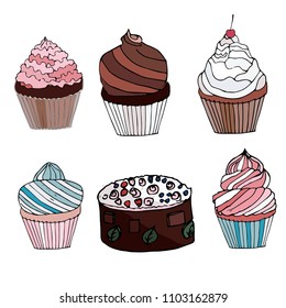Set of five muffins and chocolat cake. Vector illustration. 