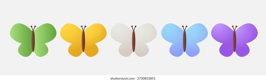 Conjunto de cinco mariposas multicolores. Linda colección de iconos 3D