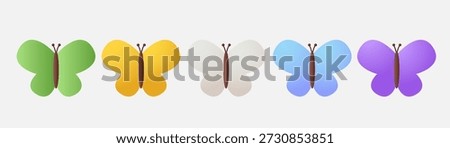 Set of five multi-colored butterflies. Cute 3D icon collection