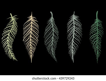set of five multicolored decorative line art feathers with gradient and dots on a black background